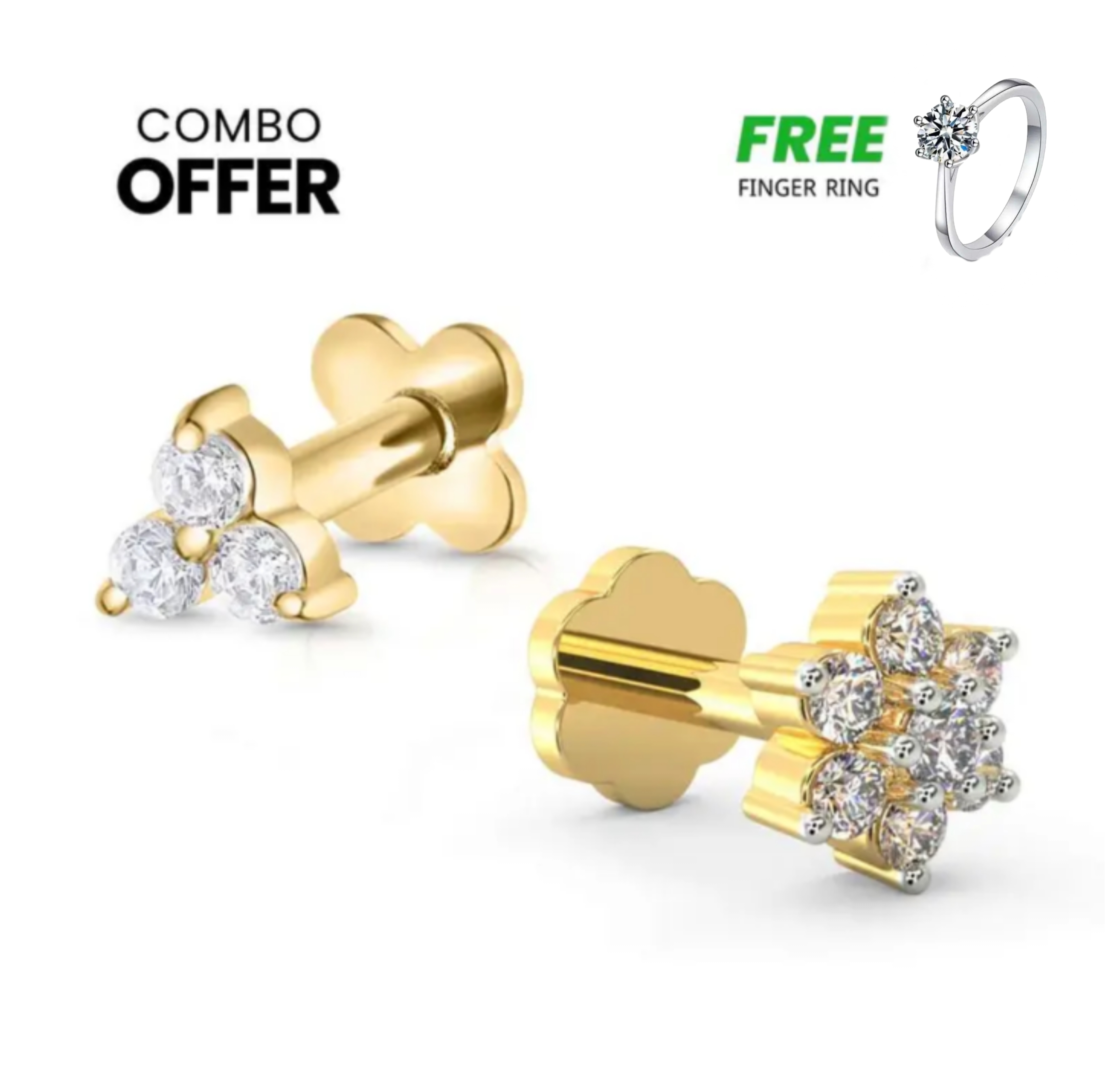 3 & 7 Stone Diamond Cut Nosepin (Combo) With Free Silver Finger Ring