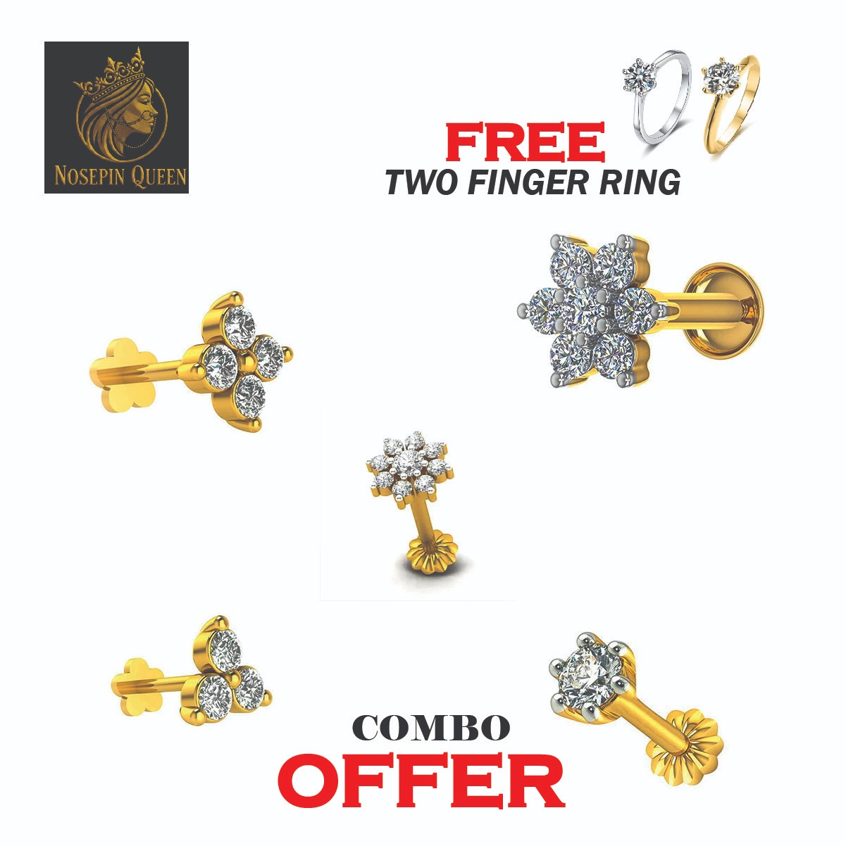 Ramadan  Special Offer‼️  3, 4, 7, 9 Diamond Cut Stone Nosepin Combo + with 1 stone Nosepin,  2 Finger Rings free